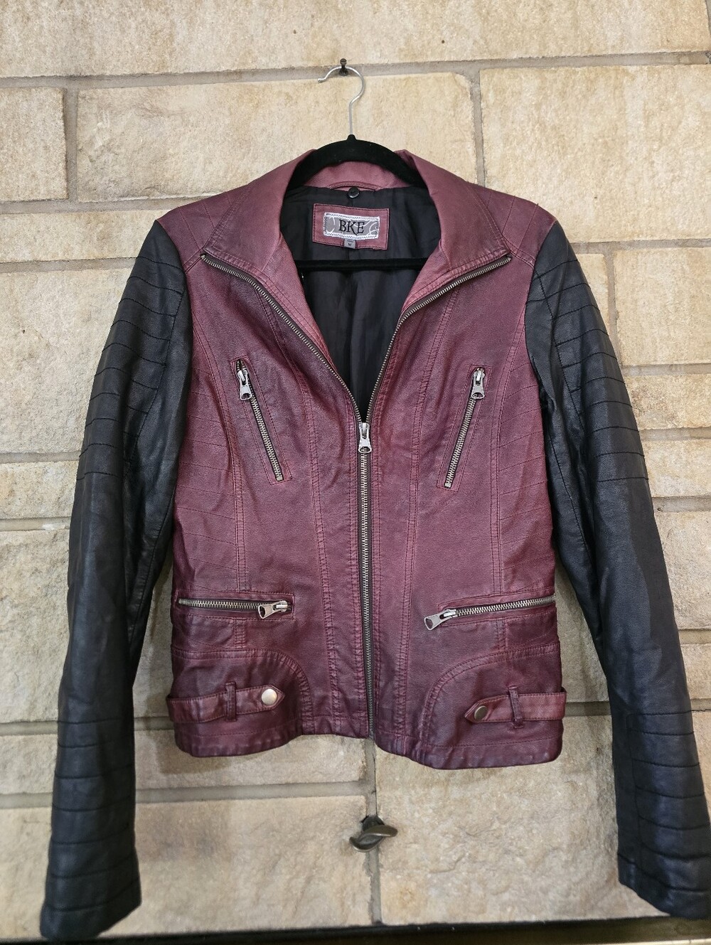 BKE Two-Tone Burgundy & Black Faux Leather Moto Jacket - Size M